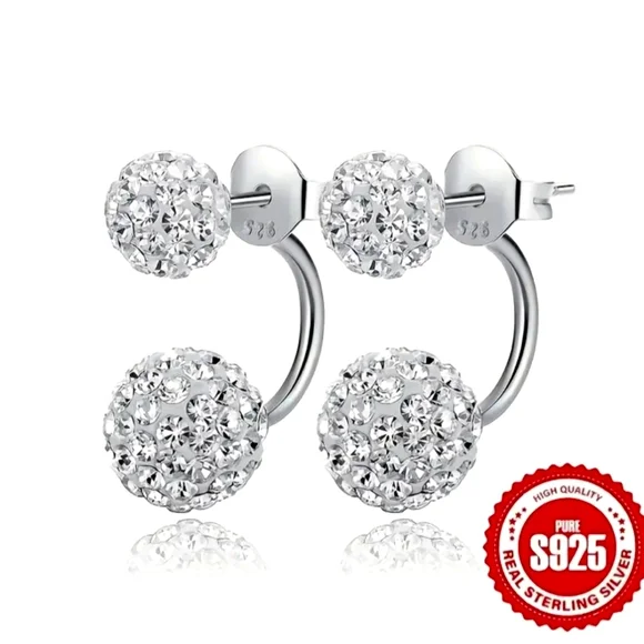 Sterling Silver S925.  Double Rhinestone Ball Ear  Classic Daily Wear Perfect - Picture 6 of 13